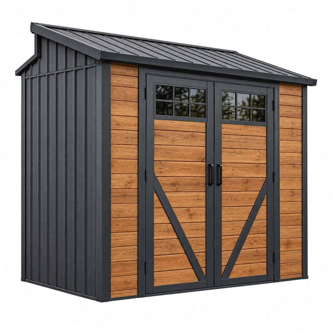 Abri de jardin 180 x 120 cm en acier noir et effet bois avec double porte