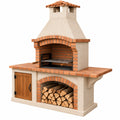 Barbecue de jardin 160 x 90 x 230 cm en pierre beige et brique terre cuite avec grill réglable et rangement à bois
