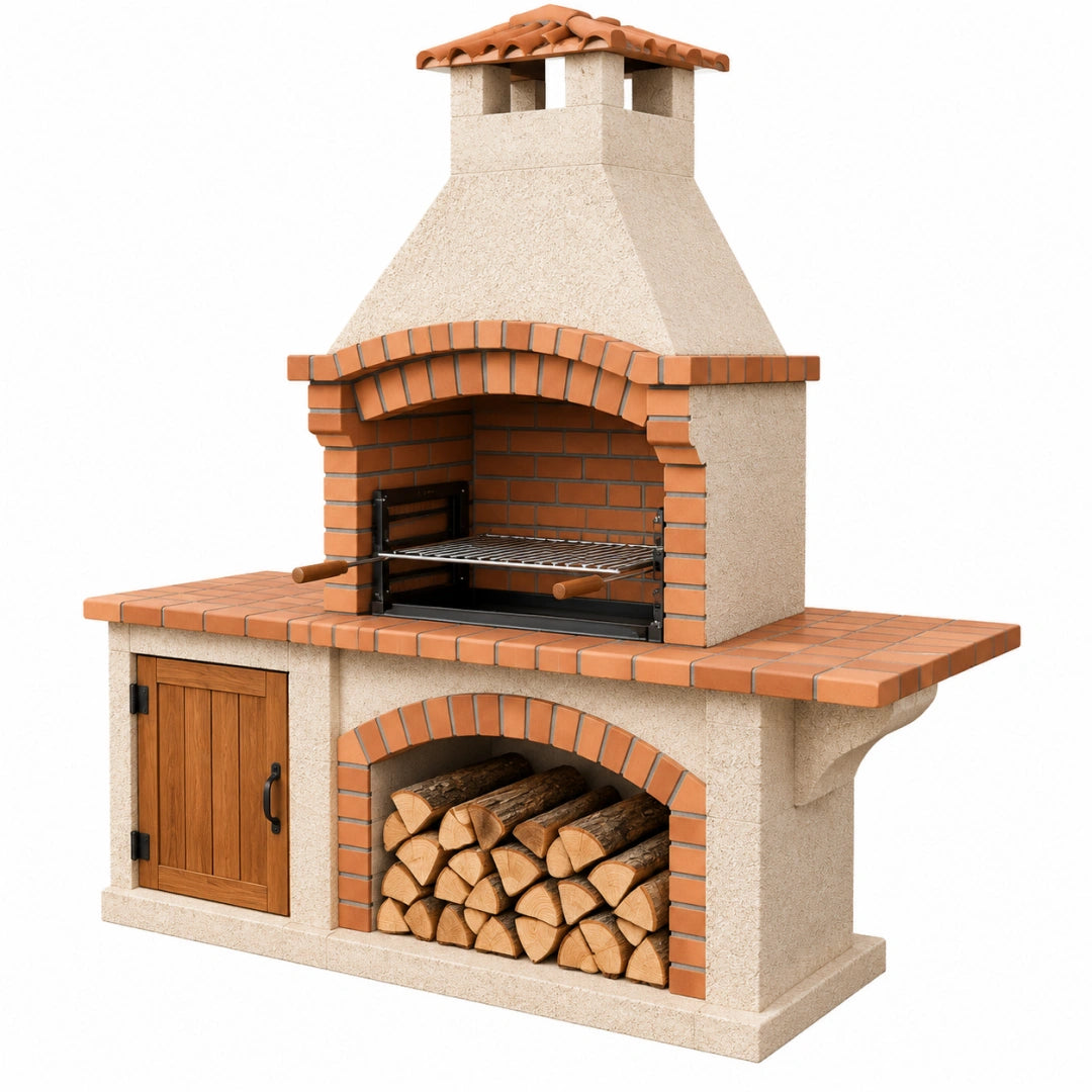 Barbecue de jardin 160 x 90 x 230 cm en pierre beige et brique terre cuite avec grill réglable et rangement à bois