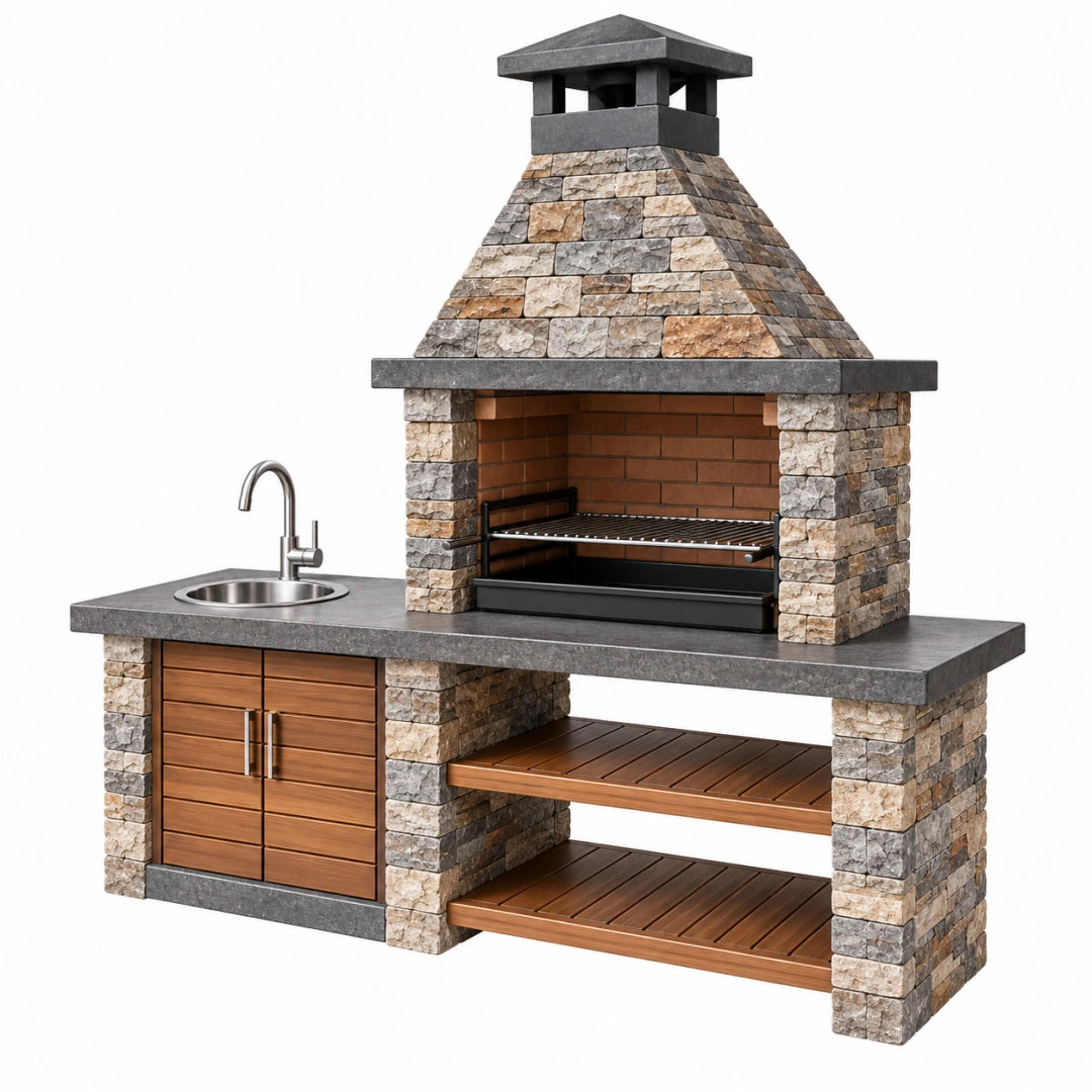 Cuisine extérieure avec barbecue 200 x 75 x 230 cm aspect pierre brun gris évier intégré style rustique