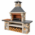 Barbecue de jardin 180 x 80 x 250 cm en pierre et brique gris beige avec cheminée