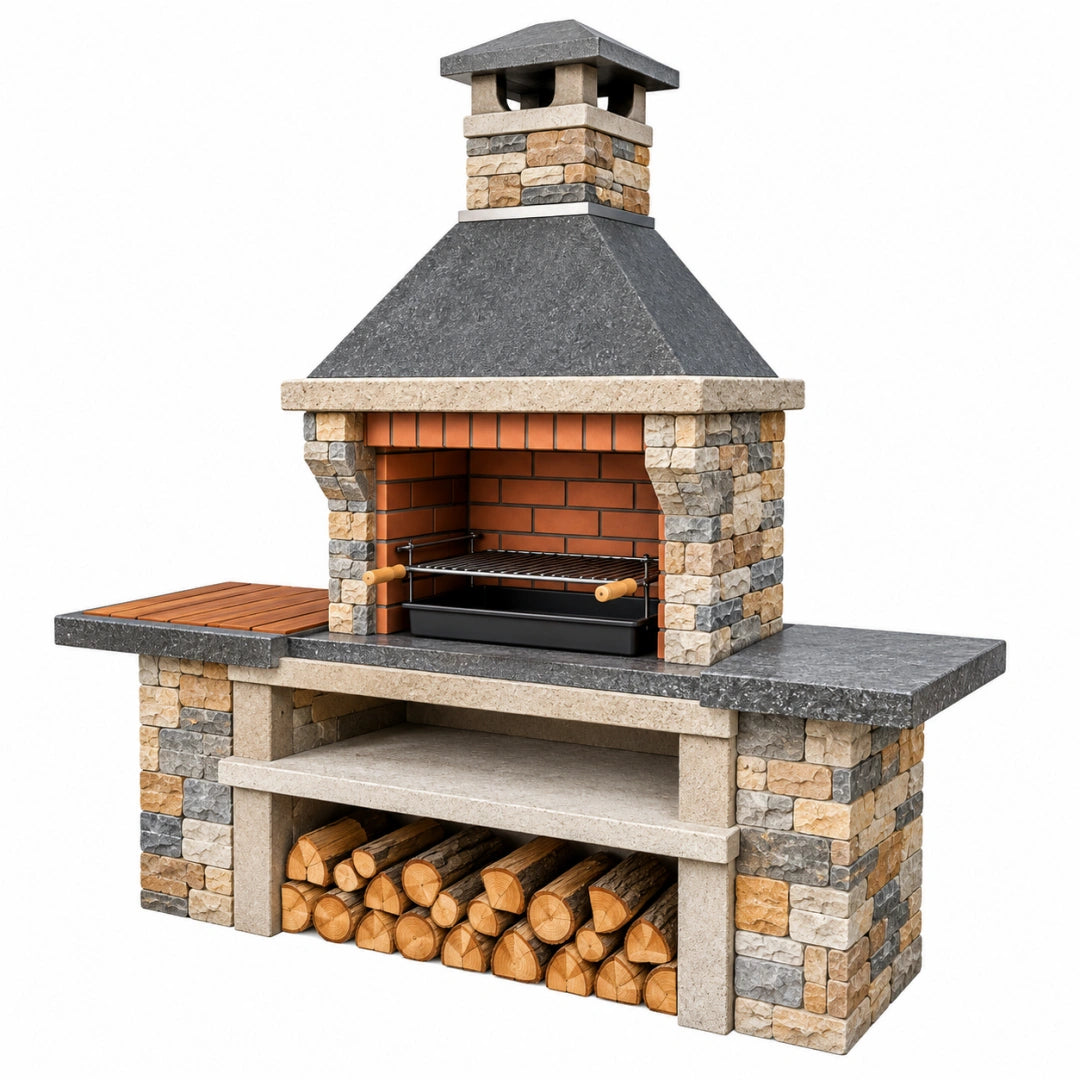 Barbecue de jardin 180 x 80 x 250 cm en pierre et brique gris beige avec cheminée