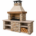 Barbecue de jardin 180 x 75 x 230 cm en pierre beige avec cheminée et grille métallique rustique