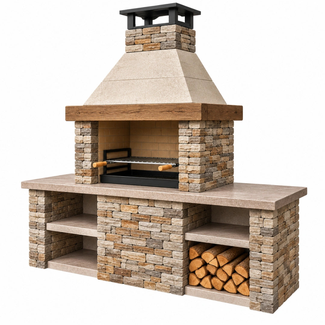 Barbecue de jardin 180 x 75 x 230 cm en pierre beige avec cheminée et grille métallique rustique
