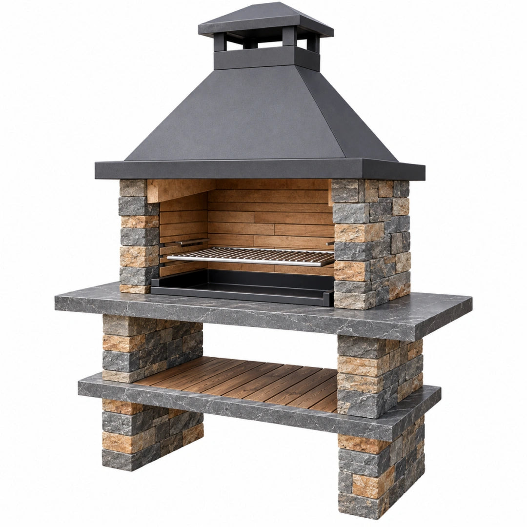 Barbecue extérieur 160 x 80 x 220 cm en pierre et acier noir avec foyer à charbon