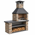 Barbecue de jardin 180 x 70 x 240 cm en pierre et acier noir avec rangement à bûches
