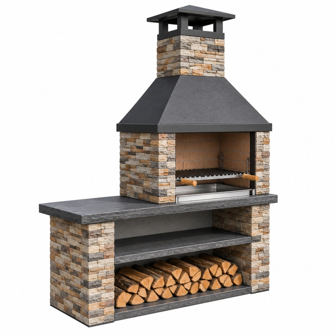 Barbecue de jardin 180 x 70 x 240 cm en pierre et acier noir avec rangement à bûches