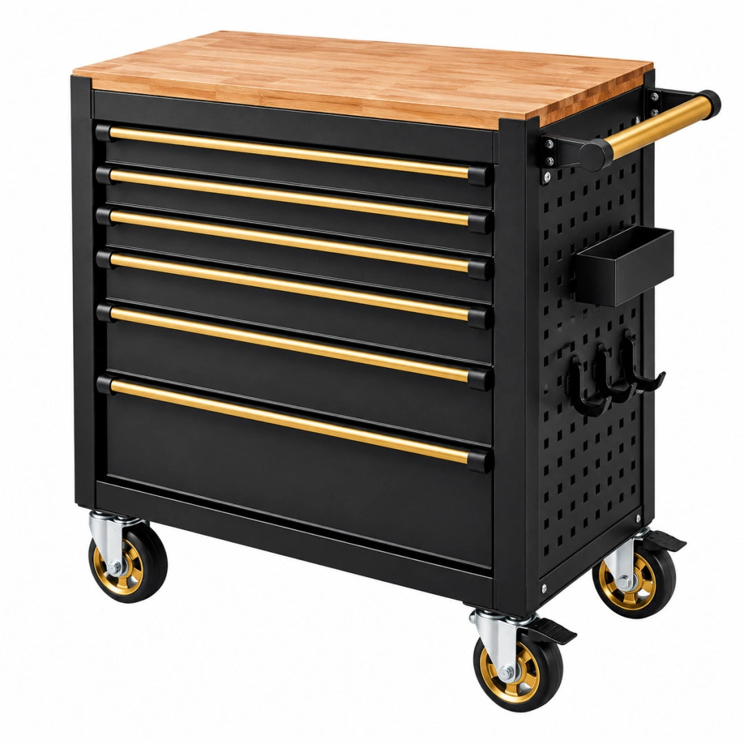 Servante d'atelier 86 x 46 x 96 cm en acier noir avec plateau en bambou et 7 tiroirs mobile