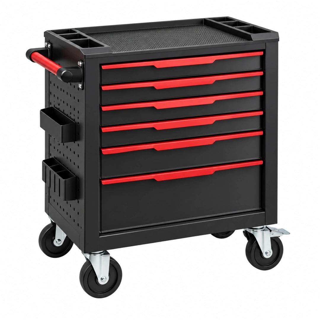 Servante d'atelier 76 cm x 46 cm x 97 cm en acier noir et rouge à 6 tiroirs mobile