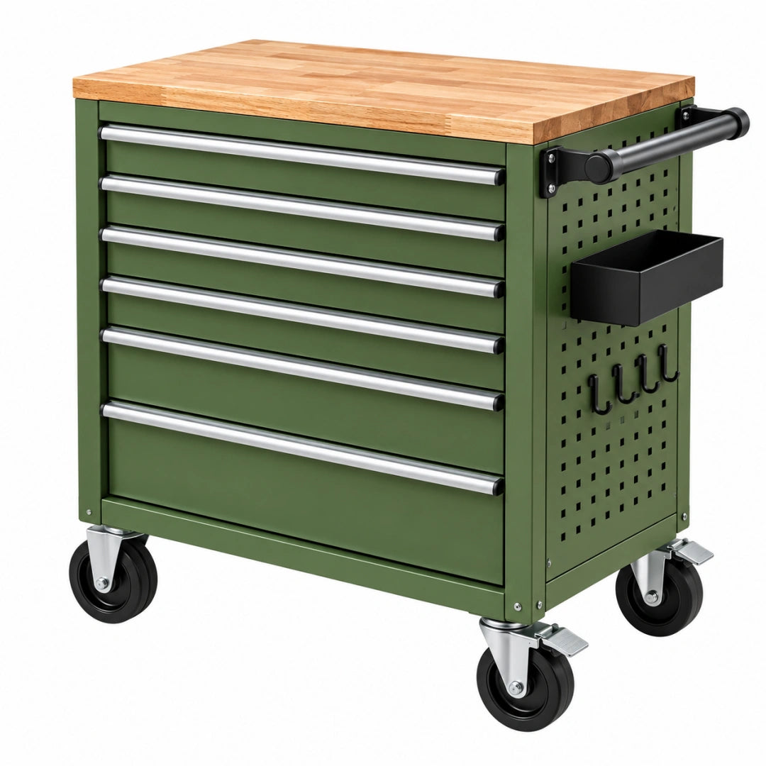Servante d'atelier 77 x 46 x 96 cm en acier vert avec plateau en bois et 7 tiroirs mobile