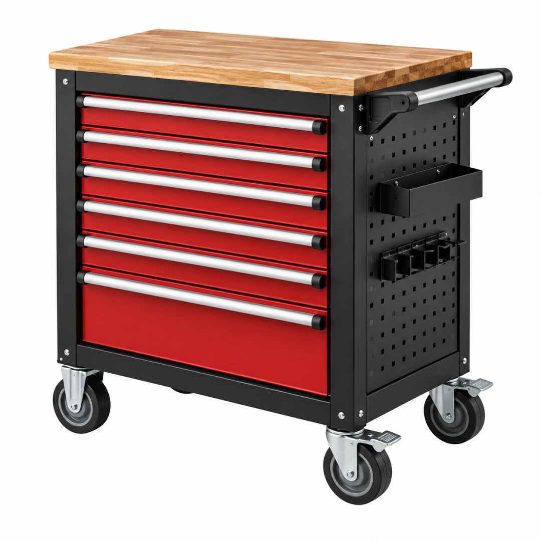 Servante d atelier 80 x 45 x 95 cm en acier noir rouge avec plateau en bois et 7 tiroirs