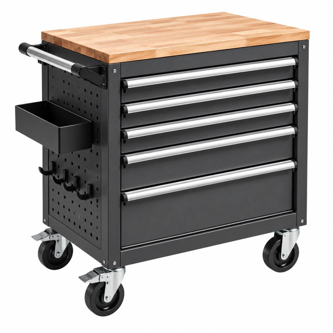 Servante d'atelier 76 x 46 x 96 cm en acier noir avec plateau en bois et 5 tiroirs mobile