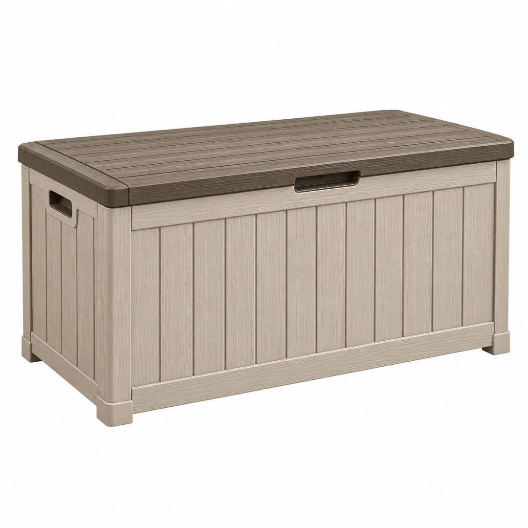 Coffre de rangement extérieur 120 x 55 x 60 cm en plastique beige et brun effet bois avec couvercle