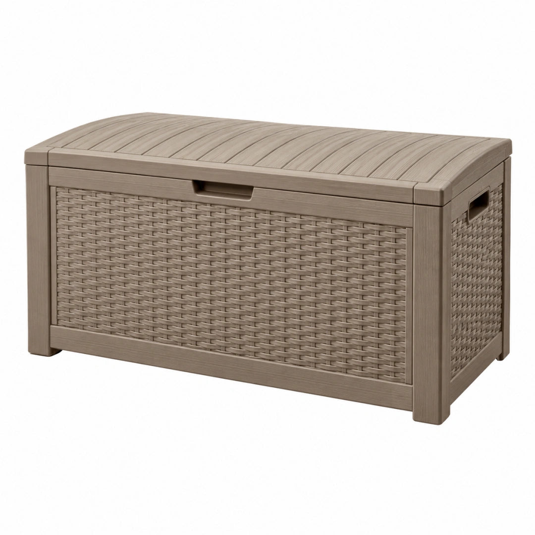 Coffre de rangement extérieur 120 x 56 x 63 cm en polypropylène taupe avec couvercle