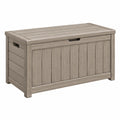 Coffre de rangement extérieur 120 x 62 x 63 cm en résine taupe effet bois avec couvercle