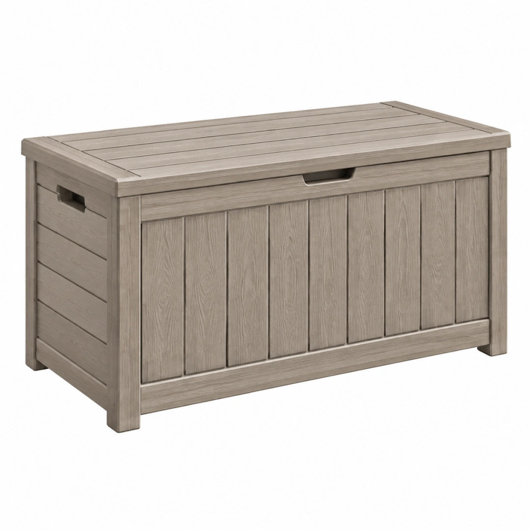 Coffre de rangement extérieur 120 x 62 x 63 cm en résine taupe effet bois avec couvercle
