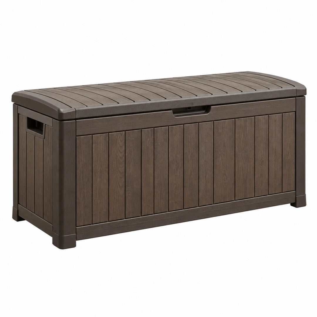 Coffre de rangement extérieur 120 x 56 x 63 cm en résine brun effet bois avec couvercle