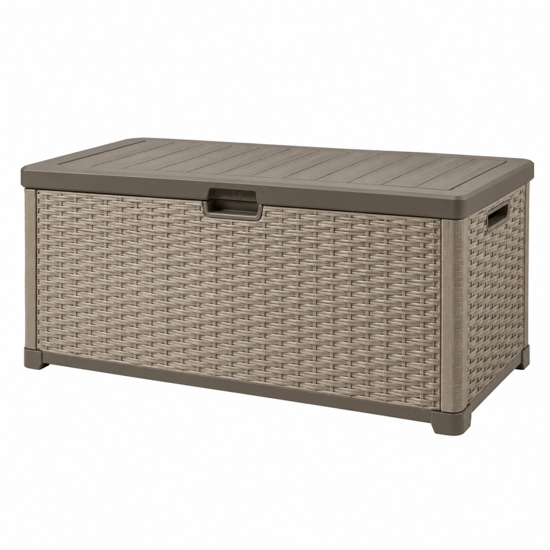 Coffre de rangement extérieur 120 x 56 x 63 cm en polypropylène taupe effet tressé avec couvercle