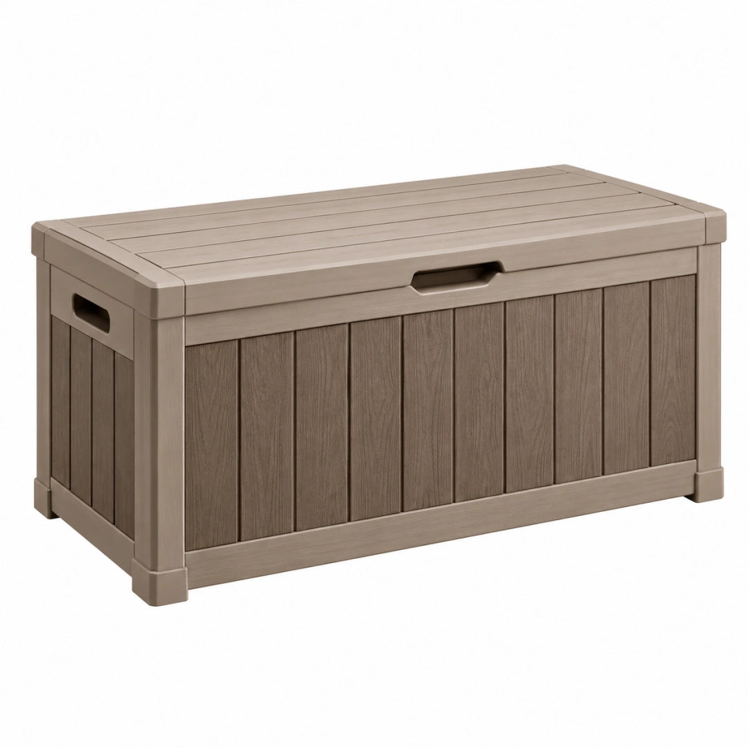 Coffre de rangement extérieur 120 x 55 x 60 cm en résine taupe avec couvercle
