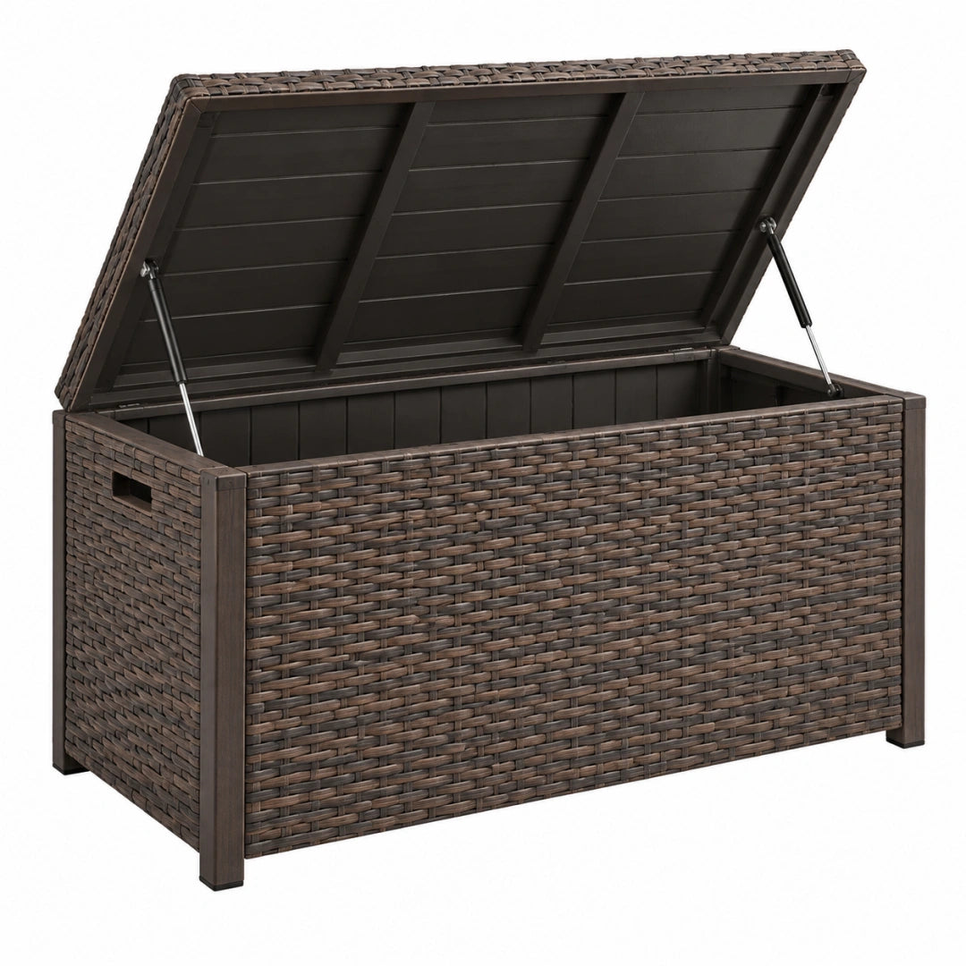 Coffre de rangement extérieur 120 x 50 x 60 cm en résine tressée marron avec couvercle à vérins