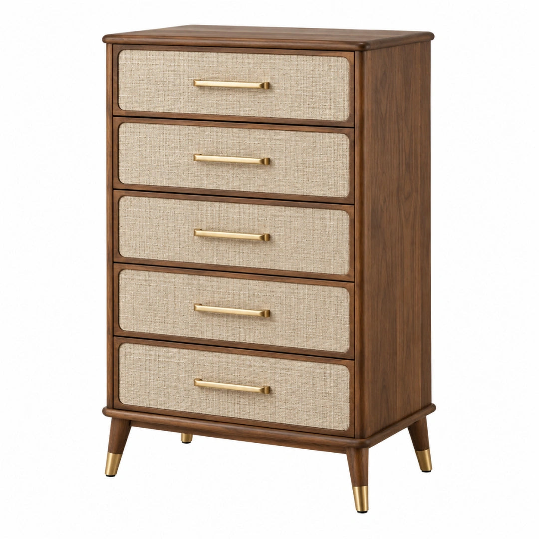 Commode 80 x 40 x 110 cm en bois marron et beige à 5 tiroirs style rétro