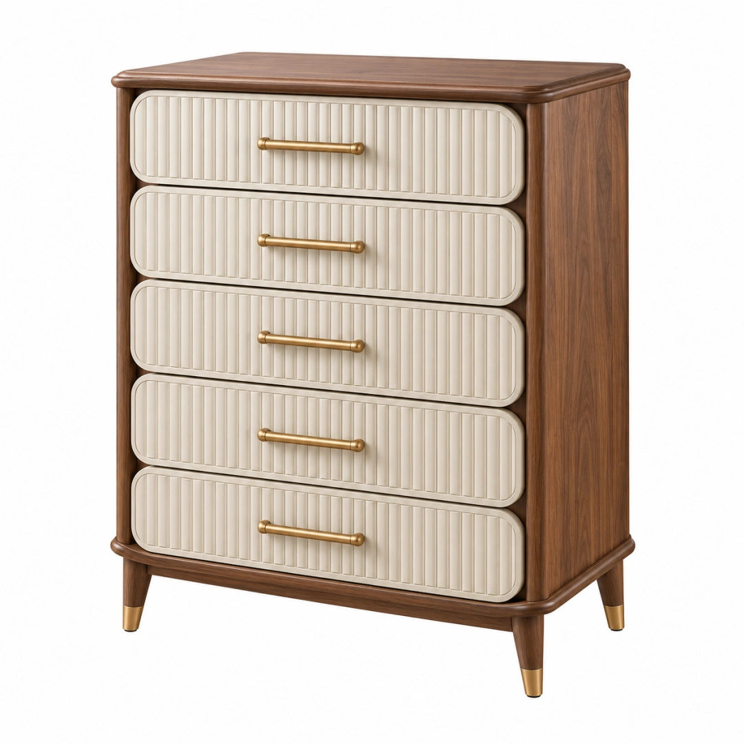 Commode 80 x 40 x 105 cm en bois marron et crème à 5 tiroirs style vintage