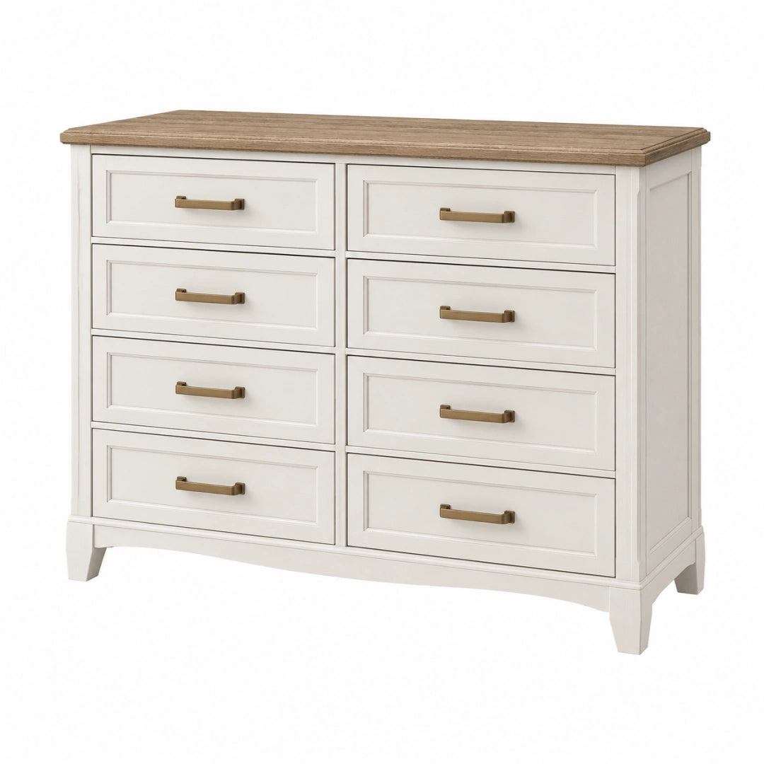 Commode 140 x 45 x 90 cm blanche et effet bois à 8 tiroirs style campagne