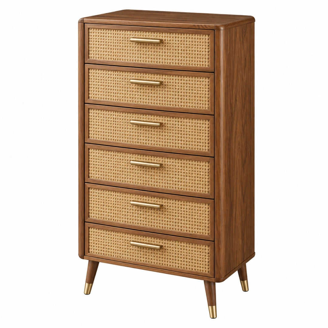 Commode à 6 tiroirs 80 x 40 x 140 cm bois brun cannage naturel style rétro
