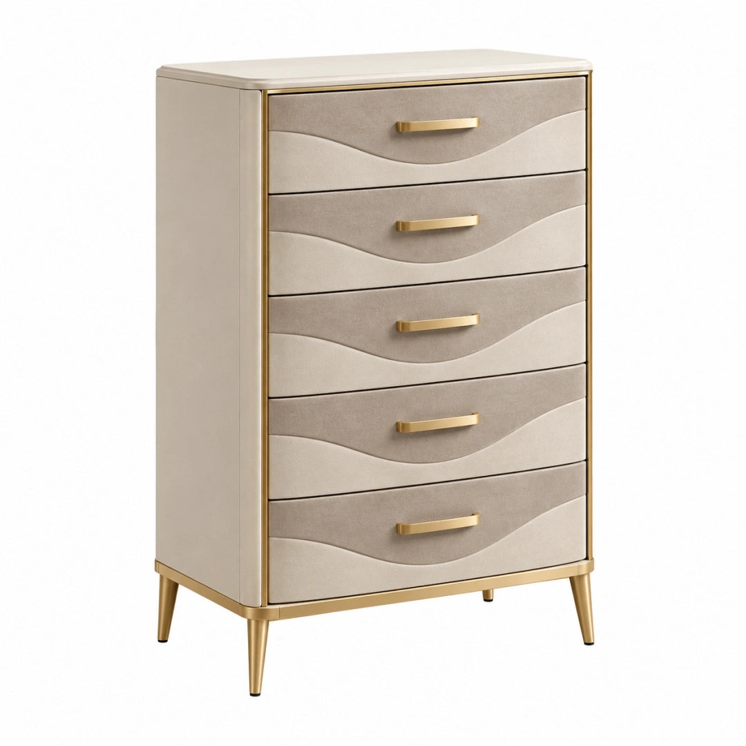 Commode 80 x 40 x 120 cm à 5 tiroirs en tissu beige style contemporain