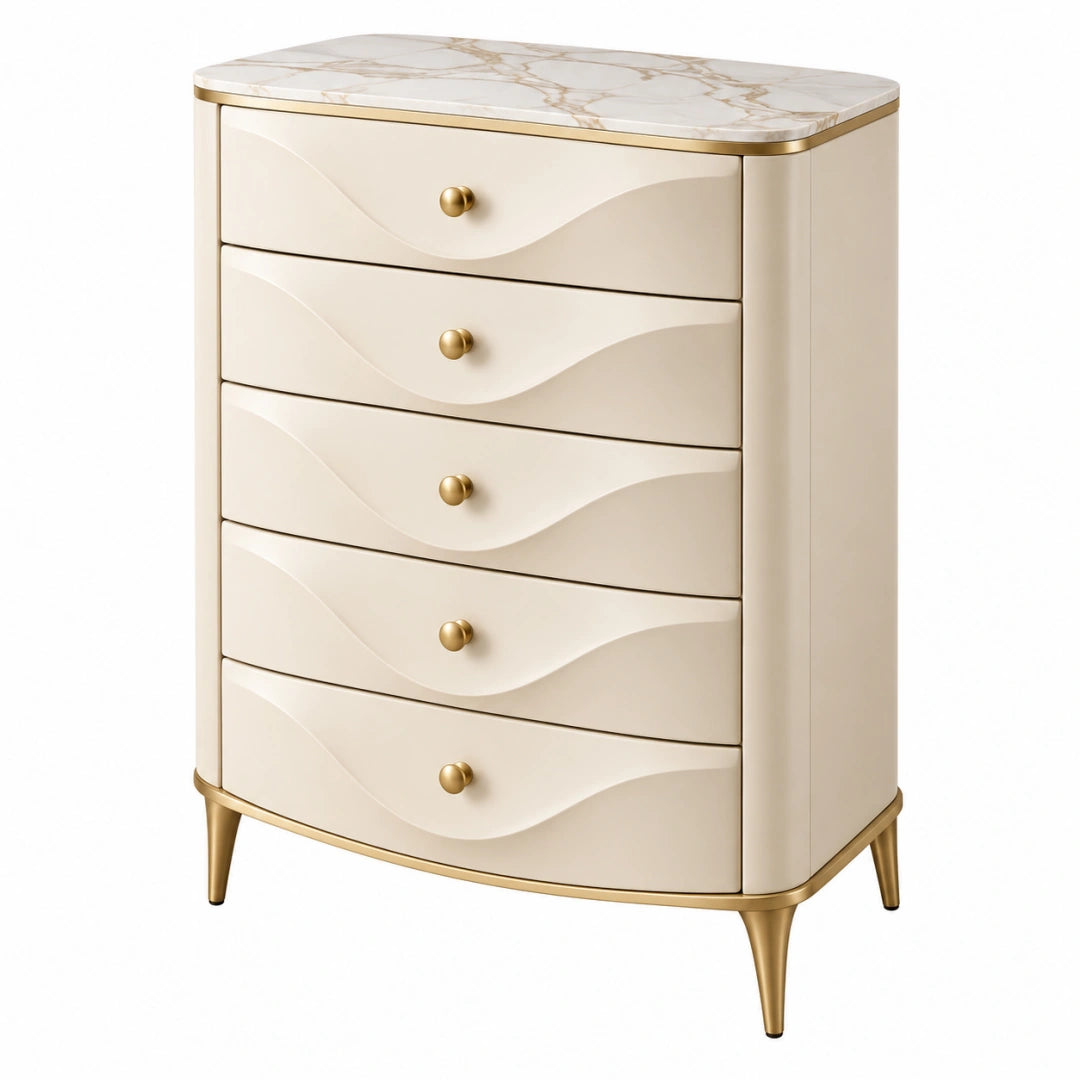 Commode 80x40x100 cm en panneaux de bois blanc crème et doré à 5 tiroirs style contemporain