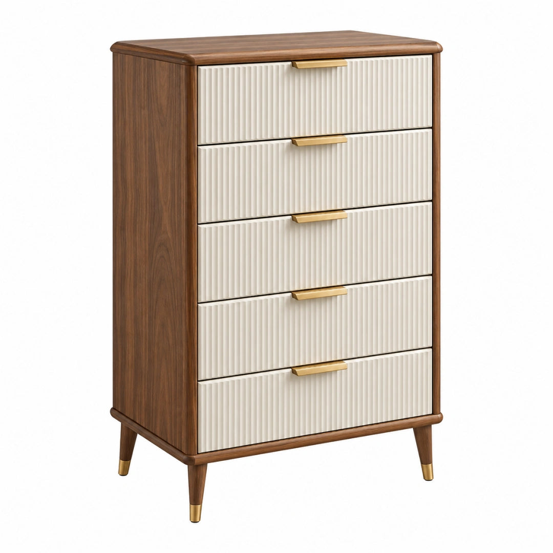 Commode 80 x 42 x 120 cm en bois noyer et ivoire à 5 tiroirs style rétro