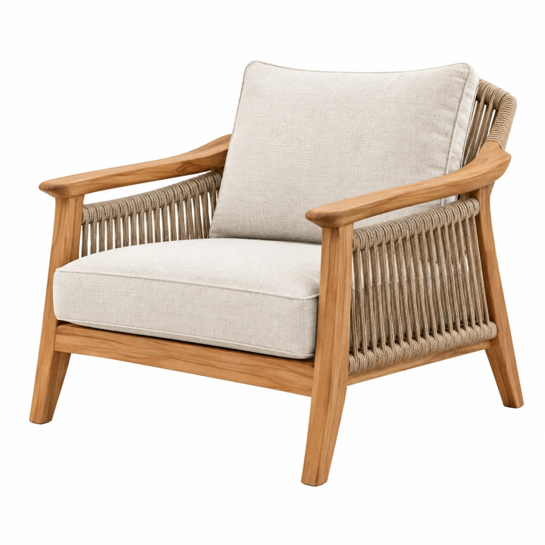 Fauteuil de jardin 75 x 80 x 85 cm en bois naturel et corde beige avec coussins style bohème