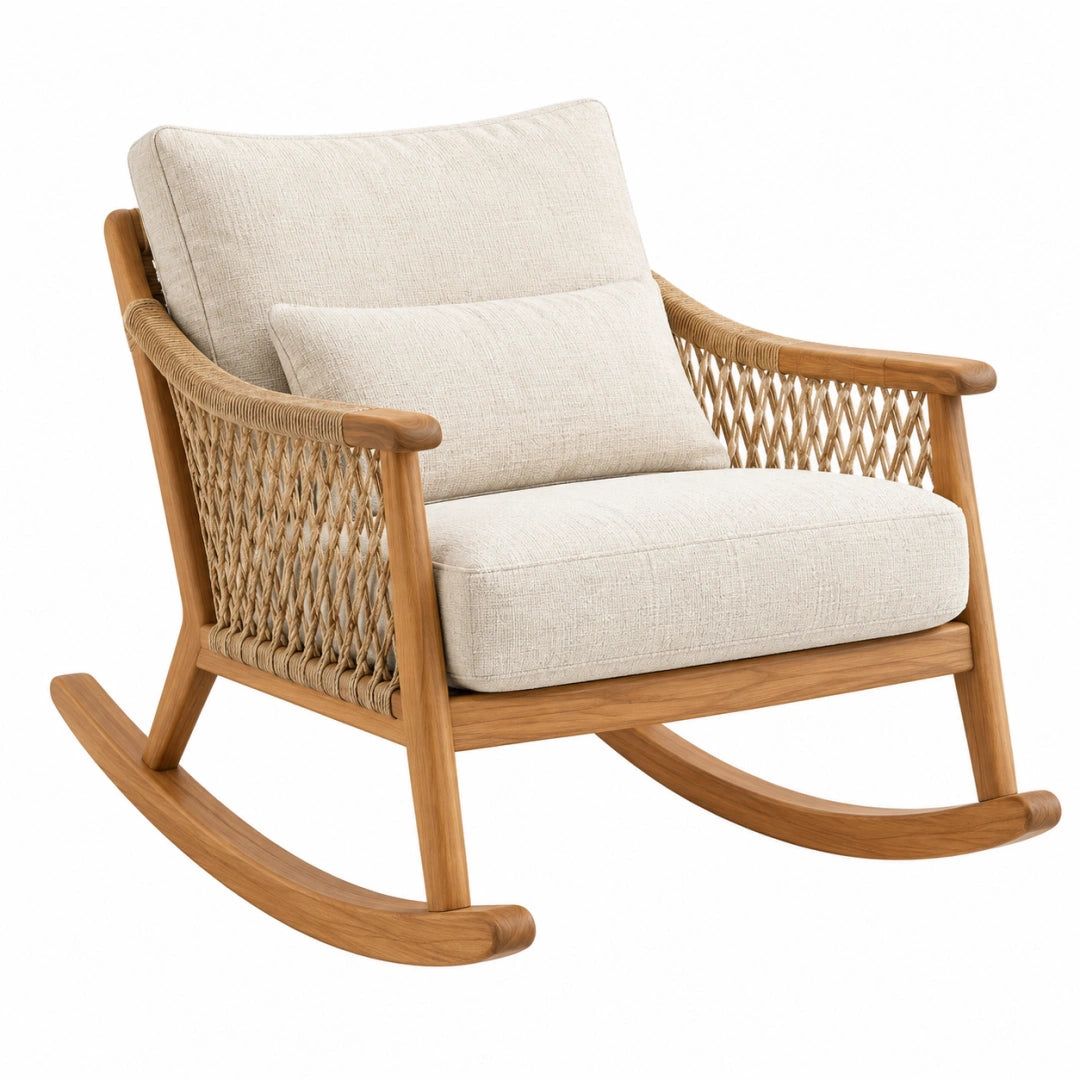 Fauteuil à bascule 90 x 78 x 92 cm en bois naturel et tissu beige avec accoudoirs tressés