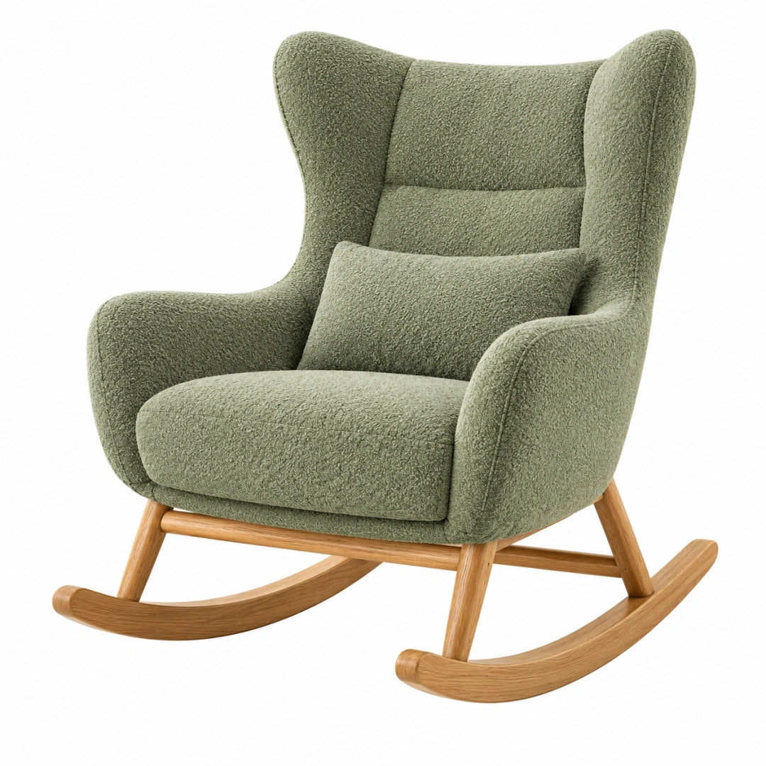 Fauteuil à bascule 75 x 90 x 105 cm en tissu bouclette vert sauge avec structure en bois
