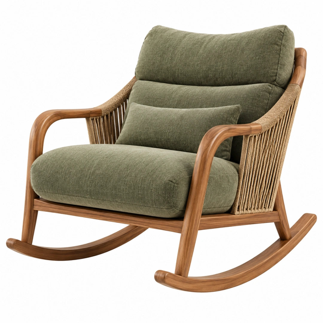 Fauteuil à bascule 95 x 75 x 100 cm en bois corde et tissu vert style naturel