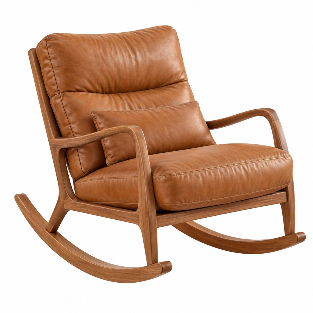 Fauteuil à bascule 95 x 72 x 100 cm marron en bois et revêtement aspect cuir style rétro