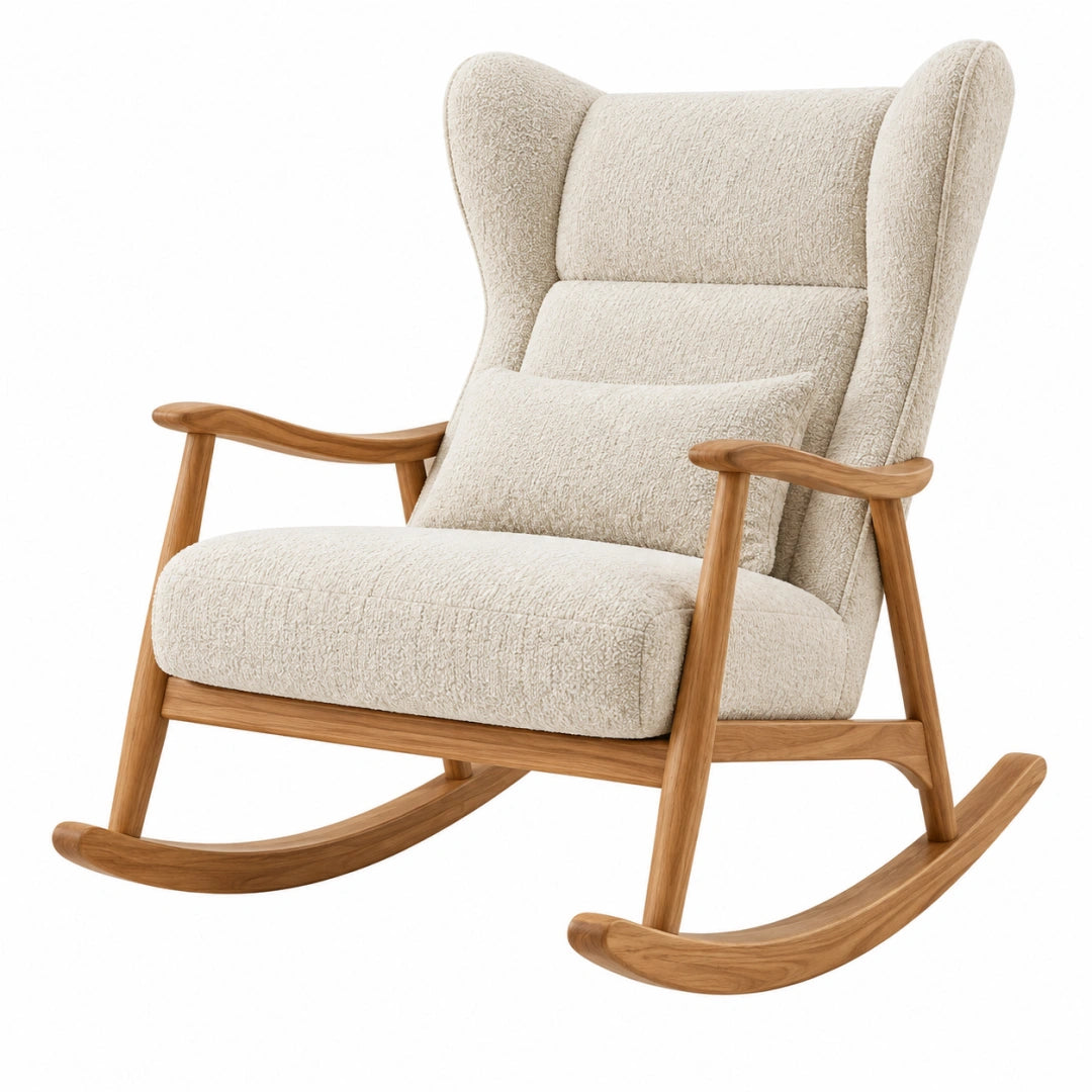 Fauteuil à bascule 75 x 95 x 105 cm en tissu bouclette beige et bois style nordique