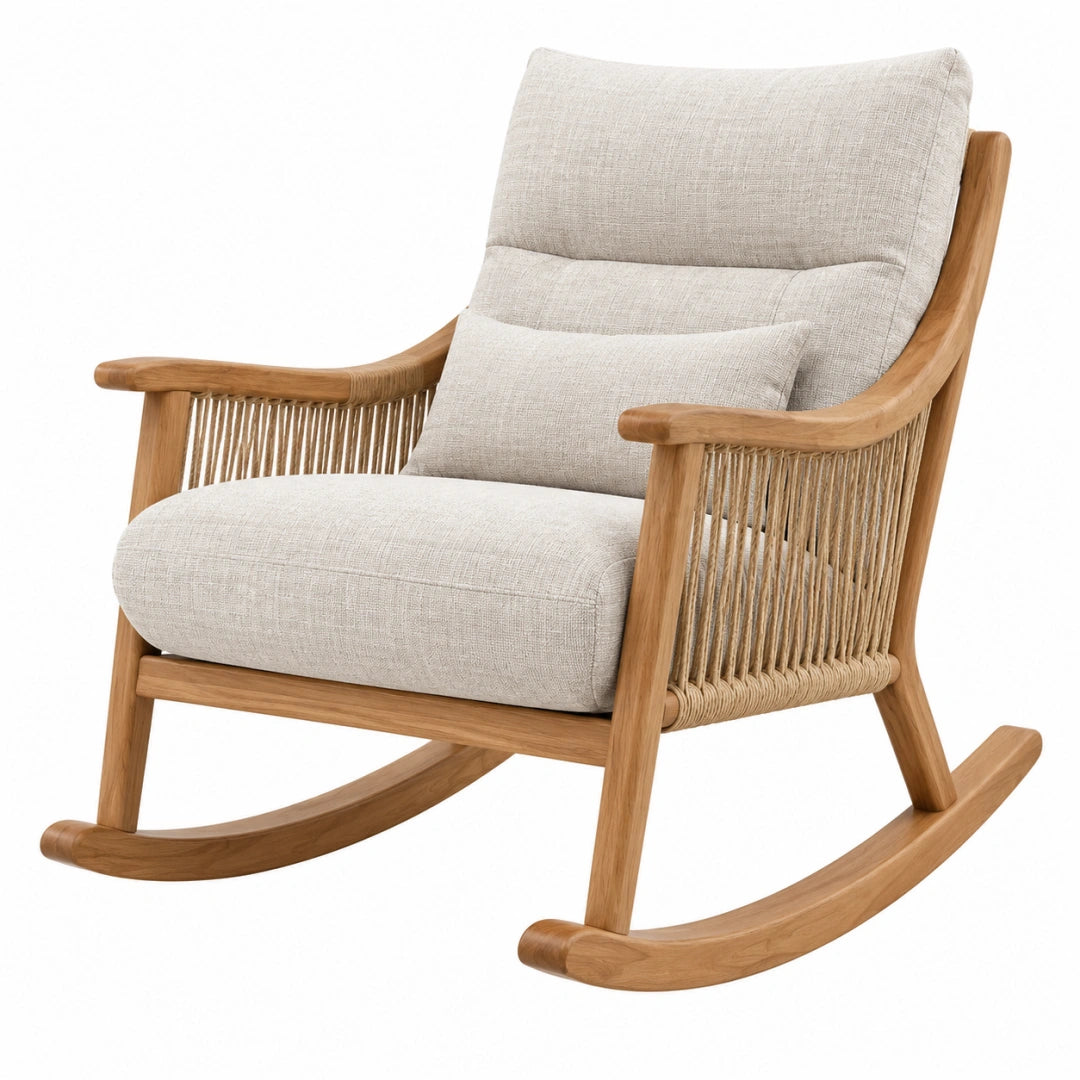 Fauteuil à bascule 70 x 95 x 98 cm en bois naturel et tissu beige style scandinave