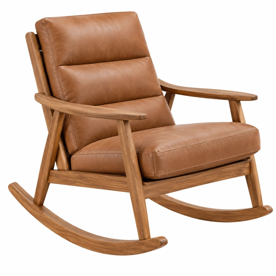 Fauteuil à bascule 70 x 95 x 100 cm en bois et revêtement aspect cuir cognac style scandinave