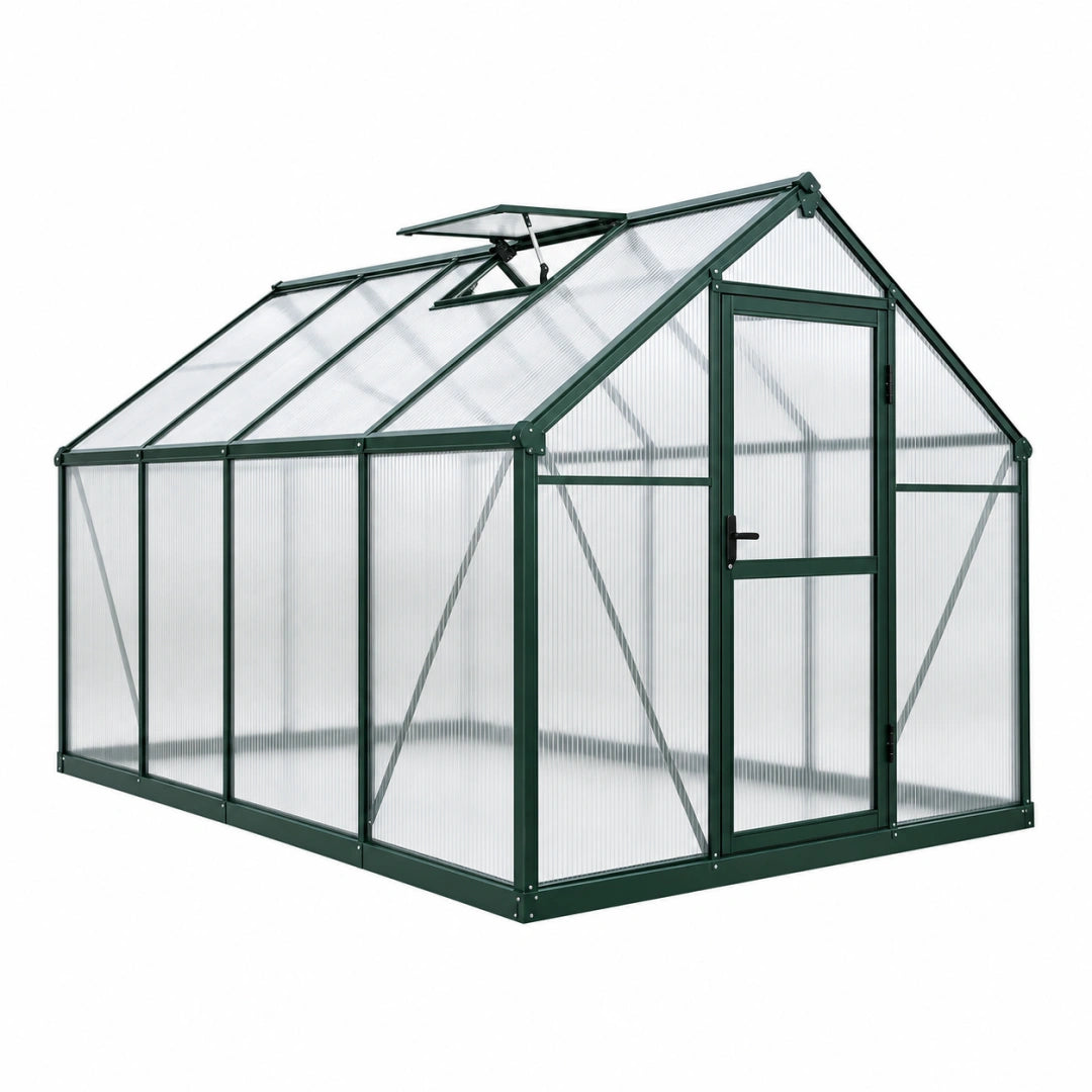 Serre de jardin 190 x 190 x 195 cm en aluminium vert avec panneaux translucides et lucarne