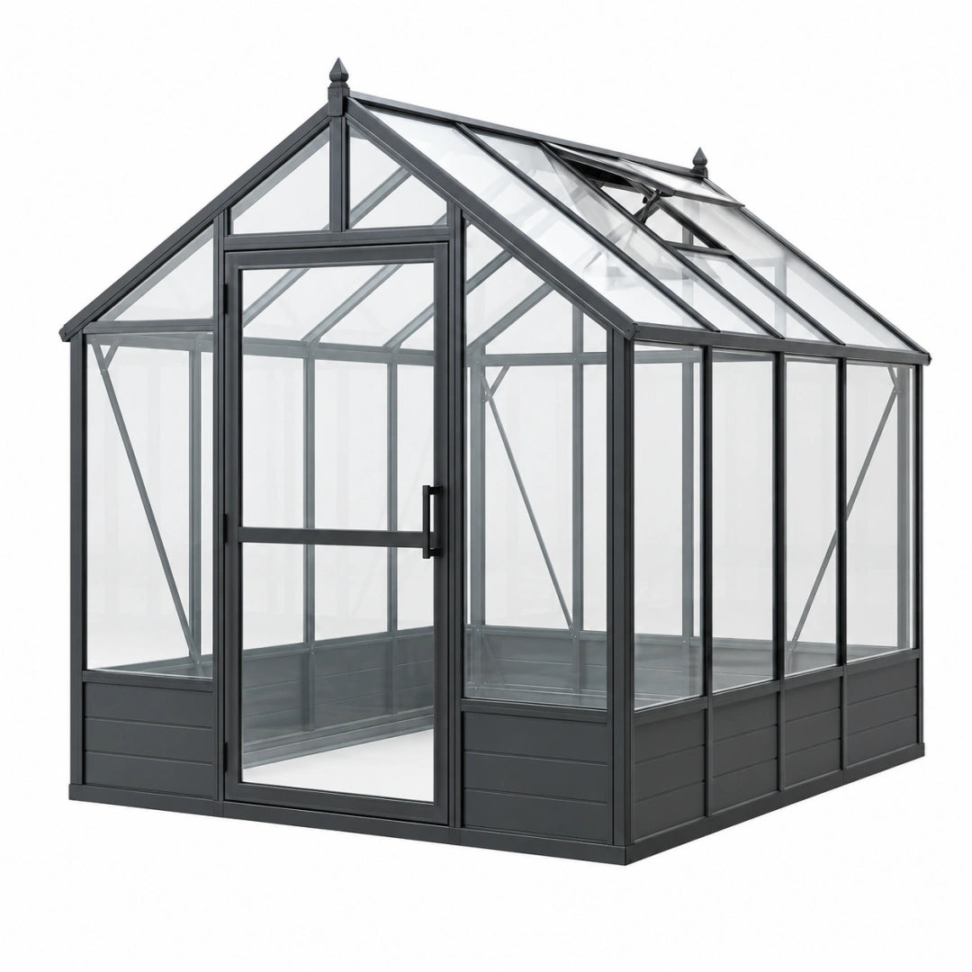 Serre de jardin 244 x 184 x 225 cm en aluminium noir avec panneaux transparents et lucarne ouvrante