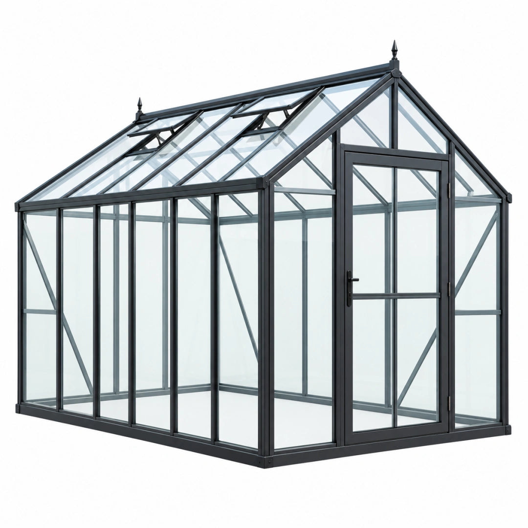 Serre de jardin 180 x 120 x 200 cm en aluminium noir et panneaux transparents avec porte et aérations de toit
