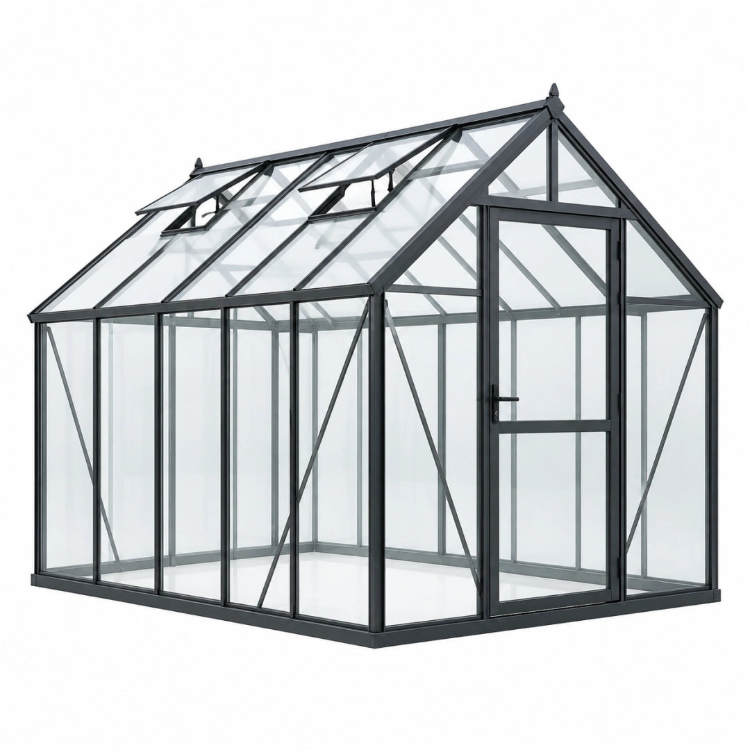 Serre de jardin 190 x 190 x 195 cm aluminium noir panneaux transparents avec lucarnes