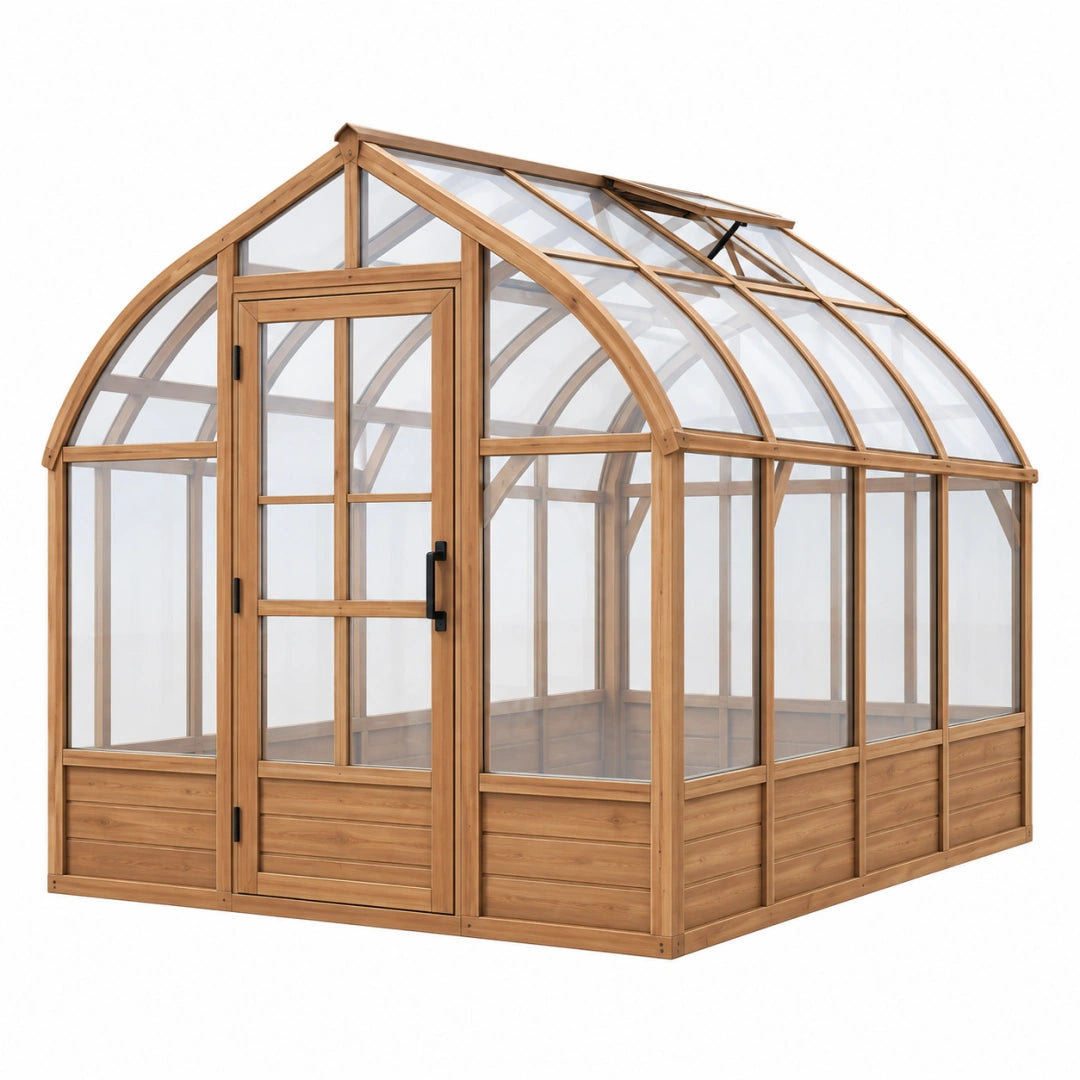 Serre de jardin 300 x 240 x 240 cm en bois naturel avec panneaux transparents et porte battante
