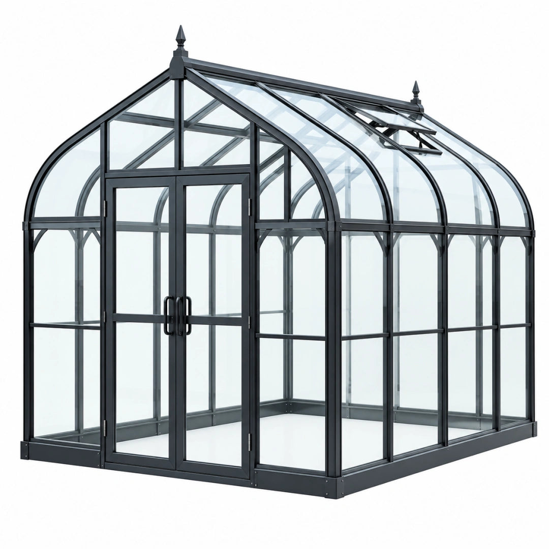Serre de jardin 300 x 240 x 250 cm en métal noir et panneaux transparents - style victorien avec double porte et lucarne