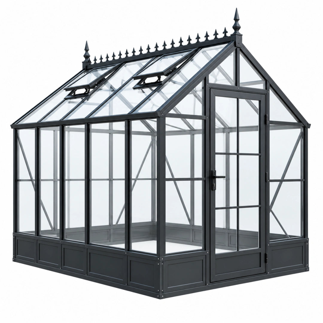 Serre de jardin 300 x 240 x 280 cm en métal noir et panneaux transparents style classique avec lucarnes