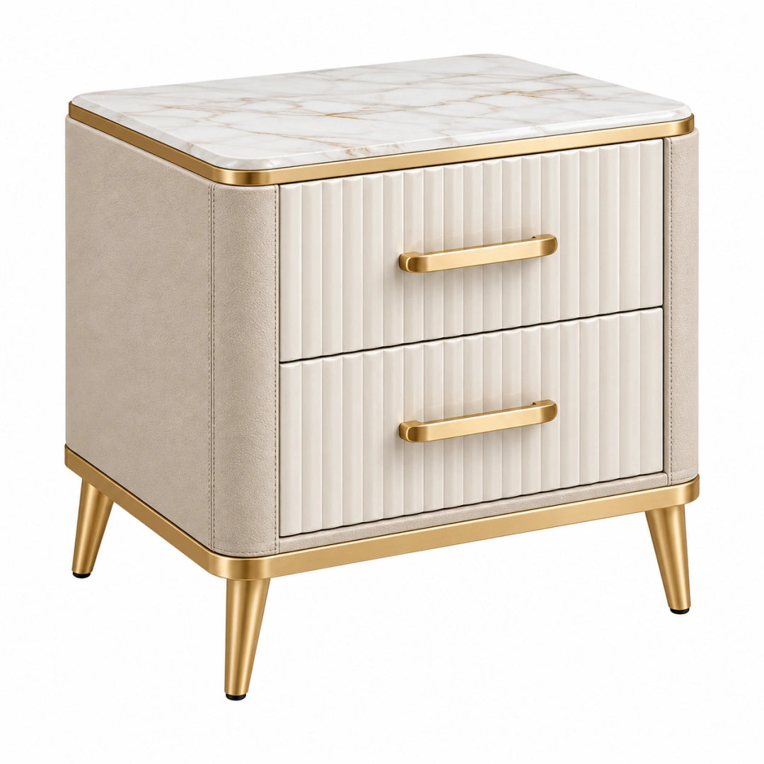 Table de chevet 50 x 40 x 55 cm beige et doré avec 2 tiroirs style contemporain