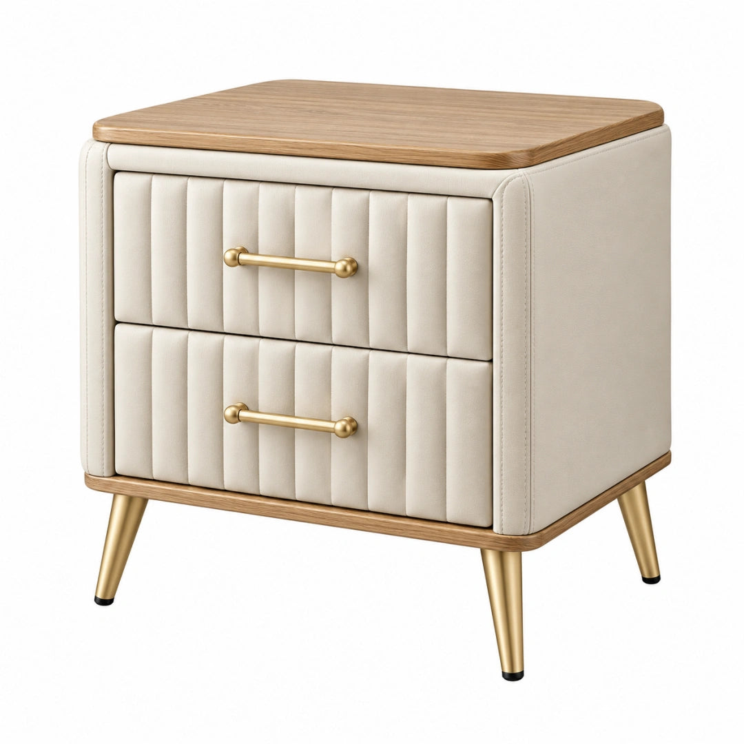 Table de chevet 50 x 40 x 60 cm en similicuir ivoire et bois effet chêne avec 2 tiroirs style contemporain