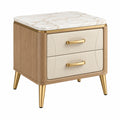 Table de chevet 50 x 40 x 60 cm en bois beige à 2 tiroirs plateau aspect marbre style contemporain