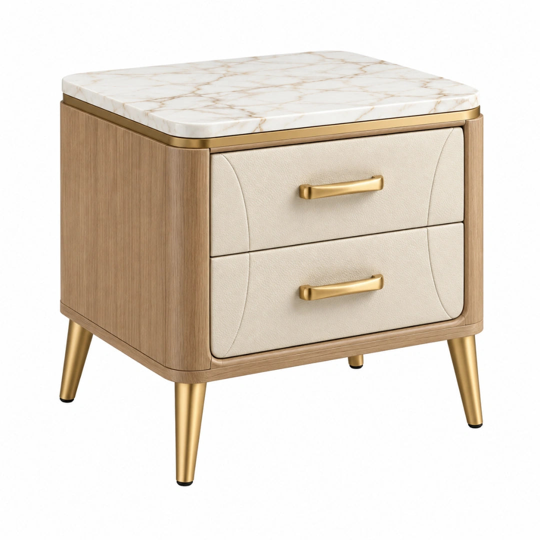 Table de chevet 50 x 40 x 60 cm en bois beige à 2 tiroirs plateau aspect marbre style contemporain